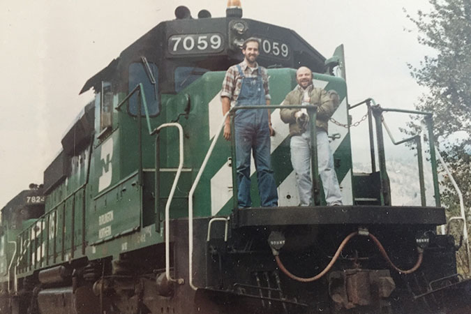 Robert Burkhardt (left) on a BN train in the 1980s 