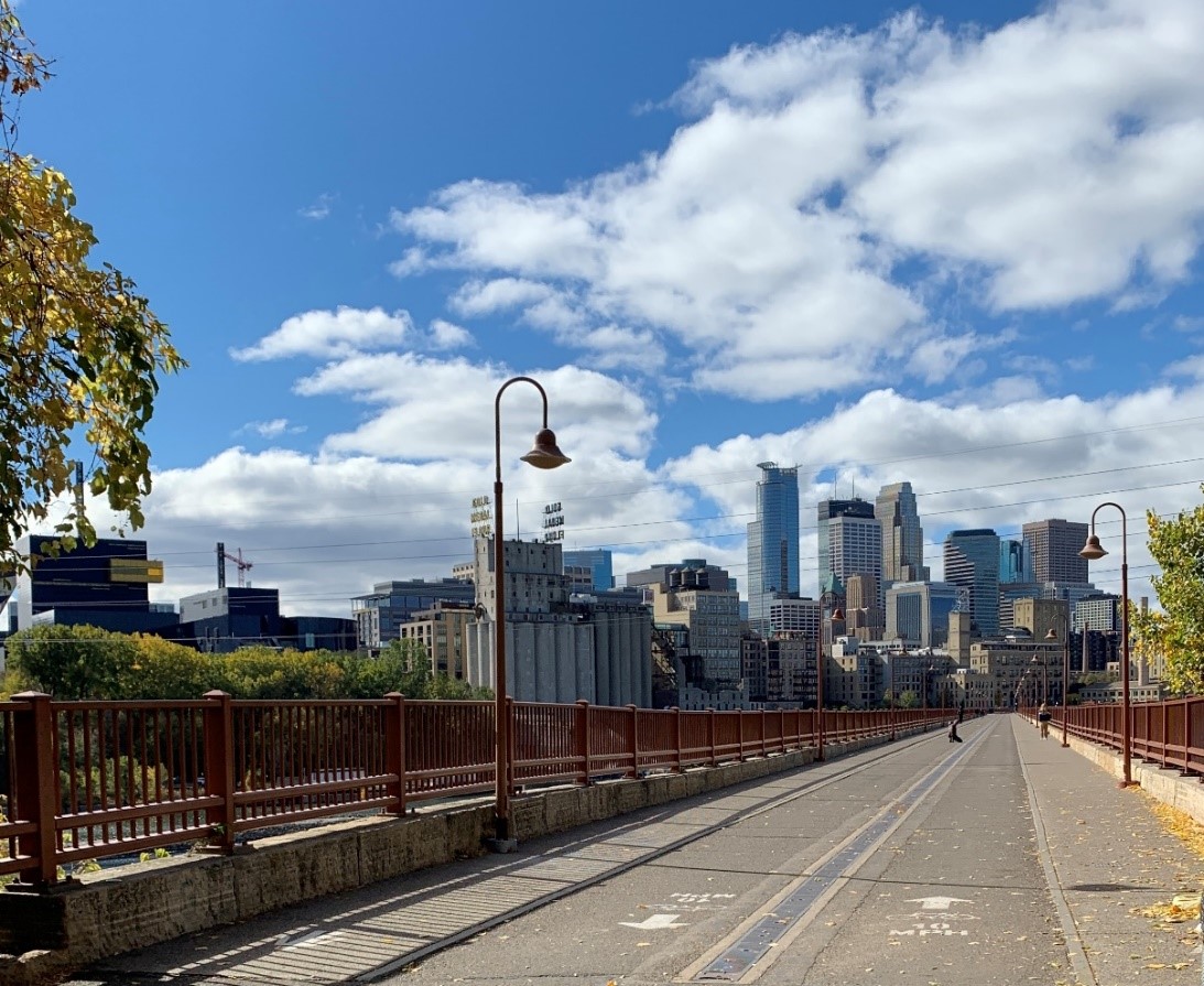 The Stone Arch Bridge looking toward modern-day Minneapolis